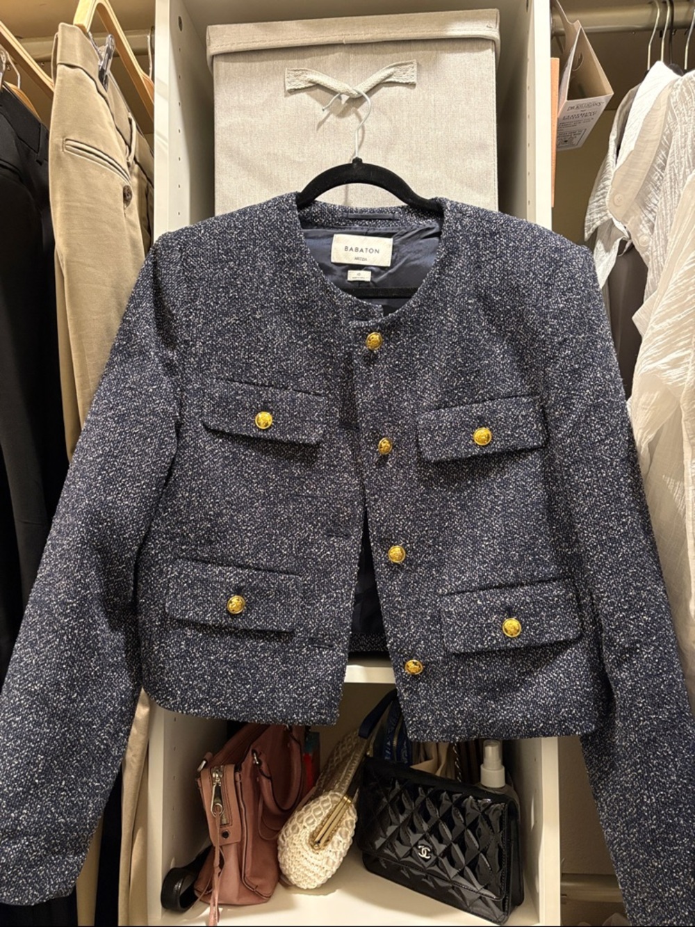 Babaton Navy Tweed Cropped Blazer with Gold Buttons
